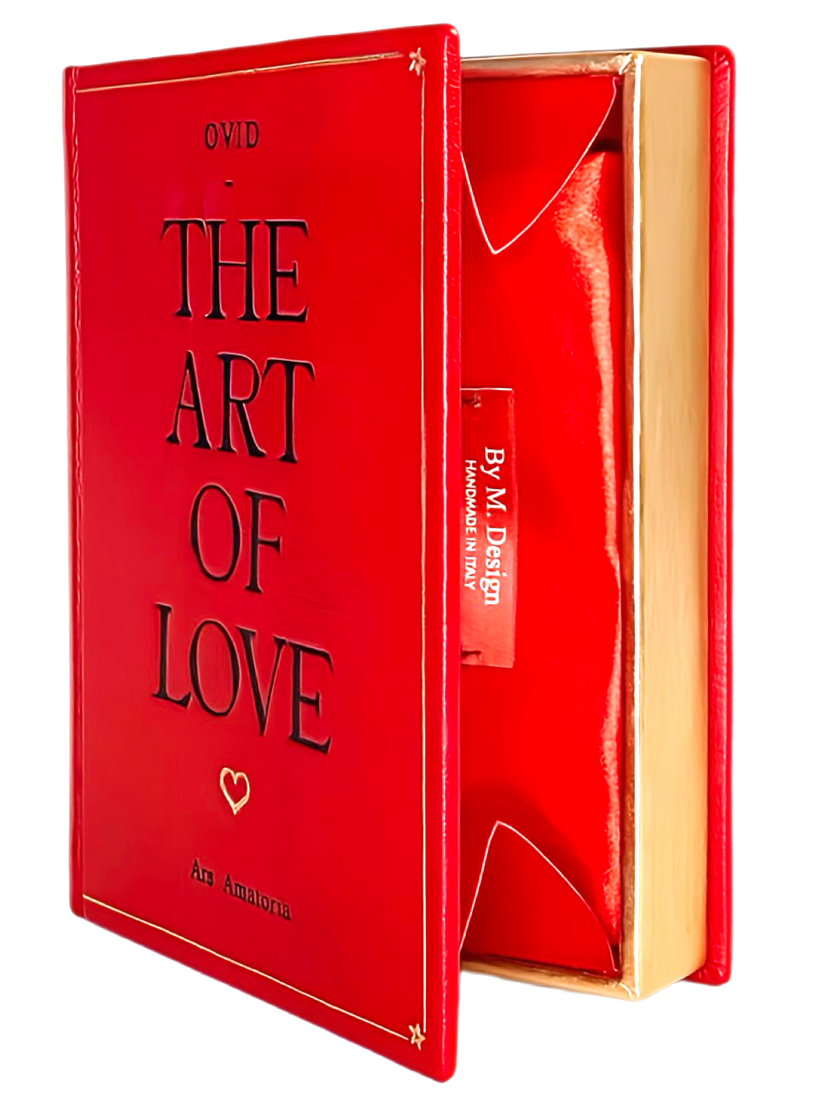 “In Cupid's school, whoe'er would take degree
Must learn his rudiments by reading me”: The Art Of Love  - In Latin “Ars Amatoria” - written by the Latin Poet Ovid more than 2000 years ago, is now a cultural chic book-clutch-bag.  Entirely handmade with the finest leather by Italian bookbinders , it looks in every way like a sumptuous book from the past. 
Add this statement accessory to your By M. Book-Clutch collection or personalise it with a name on the back for someone special. Available in traditional b