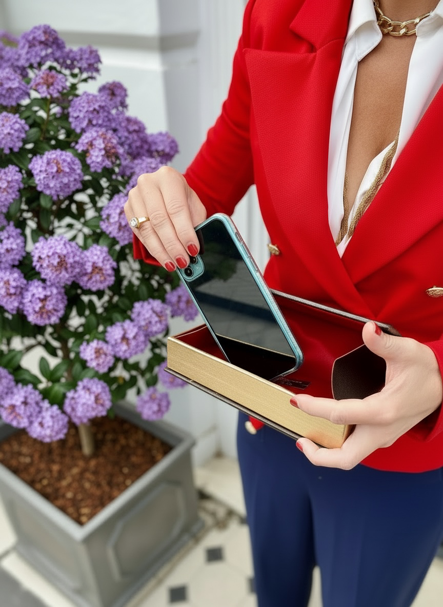 A person in a red blazer and navy pants holds a smartphone in front of an open book-shaped-clutch By M. Design, with a potted purple flowering plant in the background.