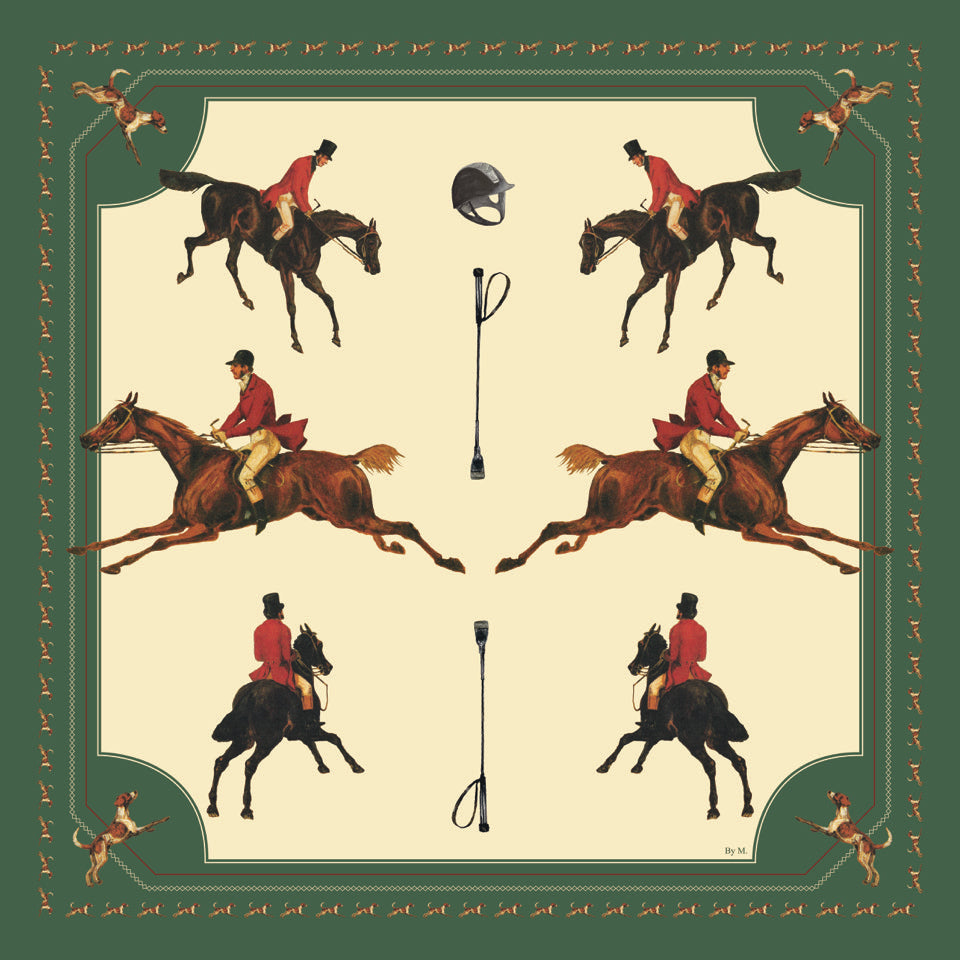 Best Friends - Small Silk Scarf - Riding Horsemen with Green frame