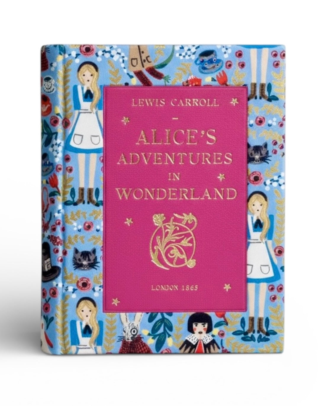 Book clutch cover of 'Alice's Adventures in Wonderland' by Lewis Carroll with colorful illustrations on a white background.
