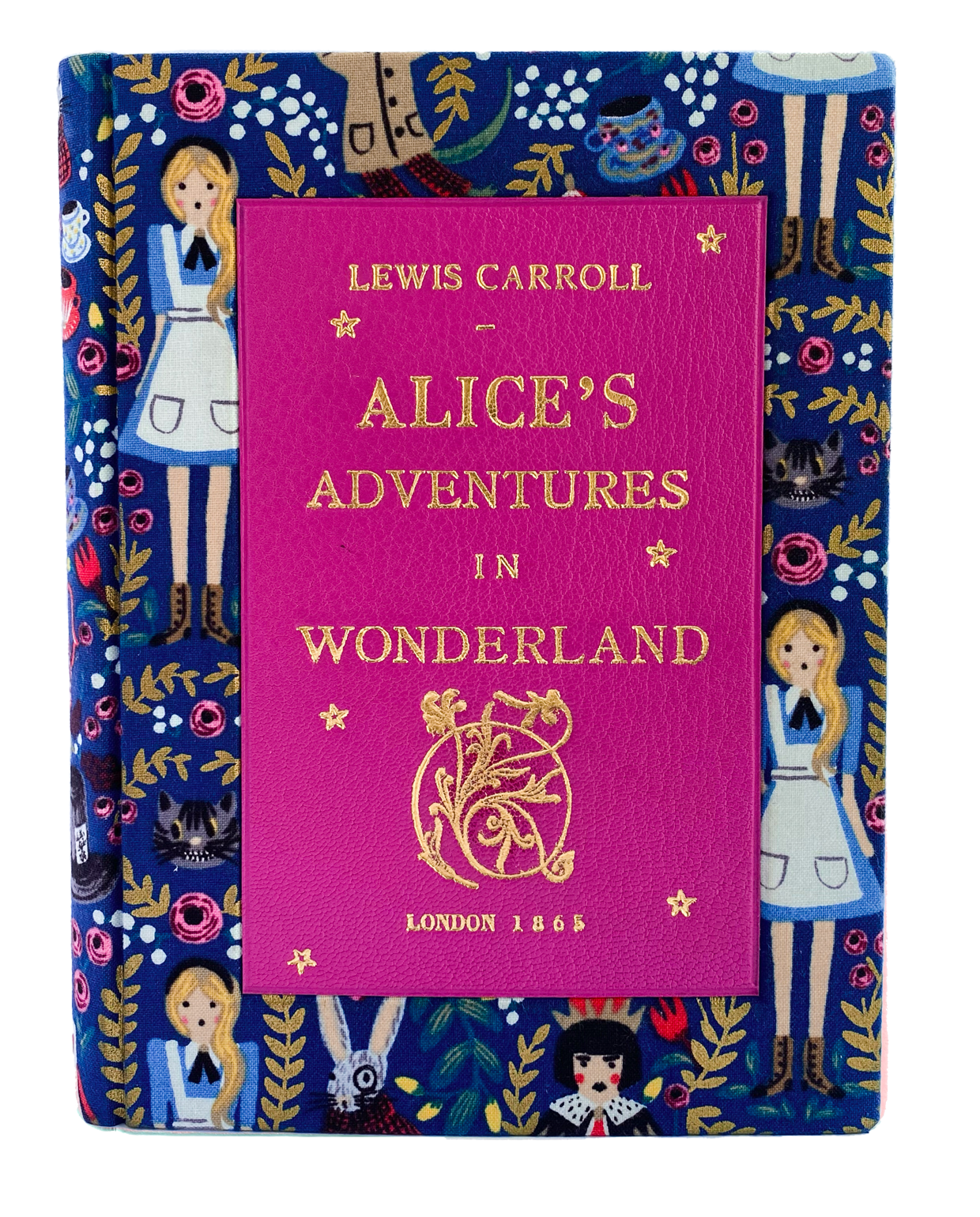 A pink leather book- clutch cover with a printed Alice fabric featuring illustrations of characters and flowers, and the text 'Alice's Adventures in Wonderland' by Lewis Carroll.
