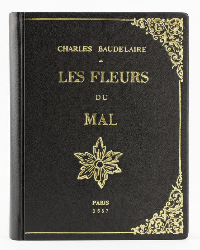 A black leather book-clutch with gold accents and an opening for a book title 'Les Fleurs du Mal' by Charles Baudelaire, published by By M. Design.