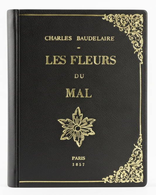 A black leather book-clutch with gold accents and an opening for a book title 'Les Fleurs du Mal' by Charles Baudelaire, published by By M. Design.