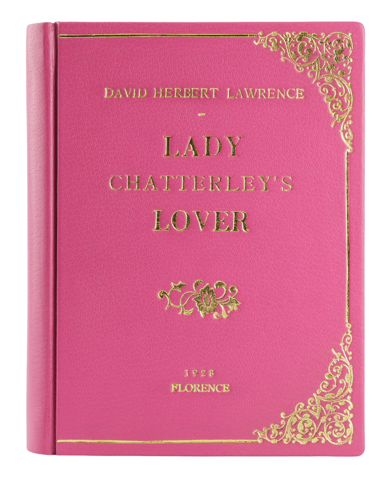 A pink leather book clutch with the title 'Lady Chatterley's Lover's' and a small, removable pochette inside. The clutch features gold accents and a magnetic closure.