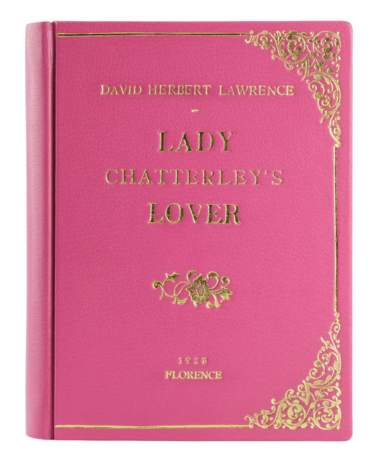 A pink leather book clutch with the title 'Lady Chatterley's Lover's' and a small, removable pochette inside. The clutch features gold accents and a magnetic closure.