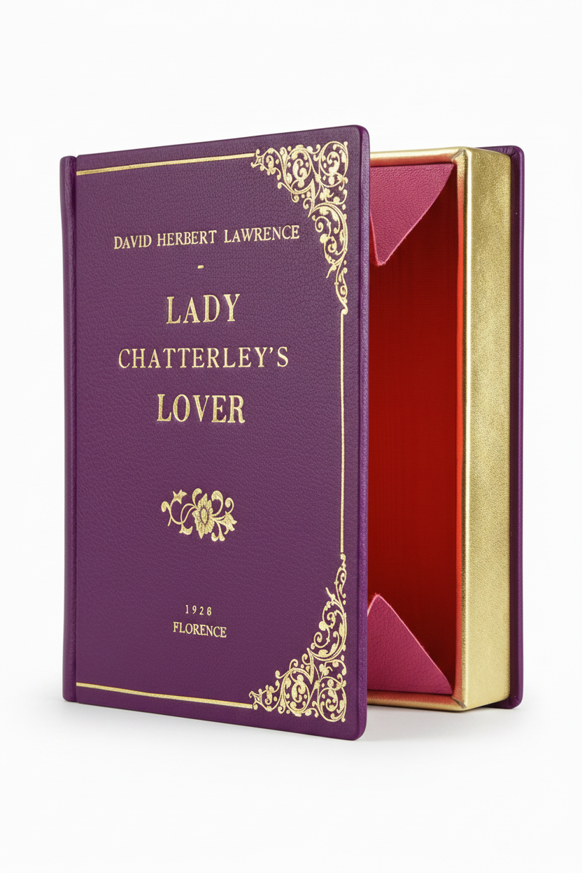 Purple leather Lady Chatterley's Lover book-clutch By M. Design open, showing silk moiré interior lining and gold-leaf spine detail, handcrafted in Naples