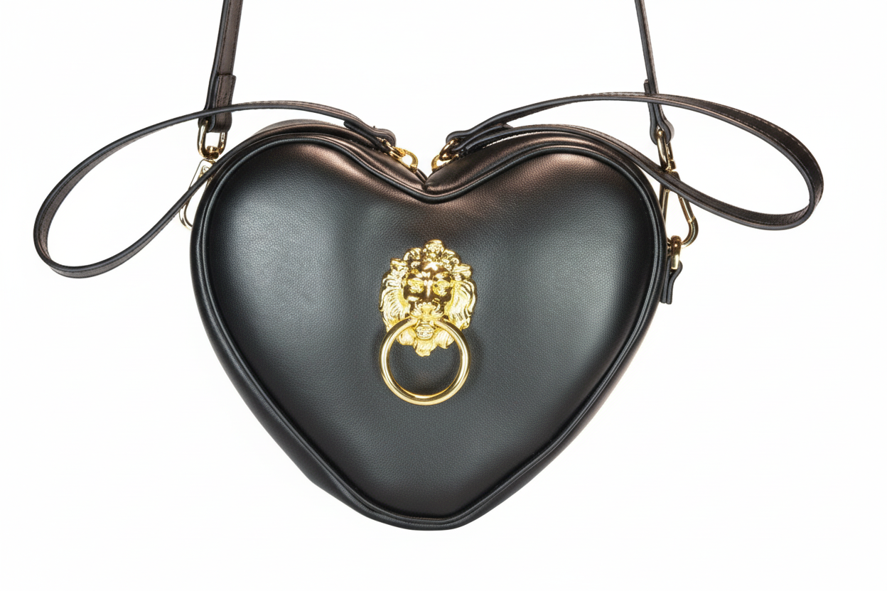 Heart-shaped black handbag with gold lion emblem on a white background