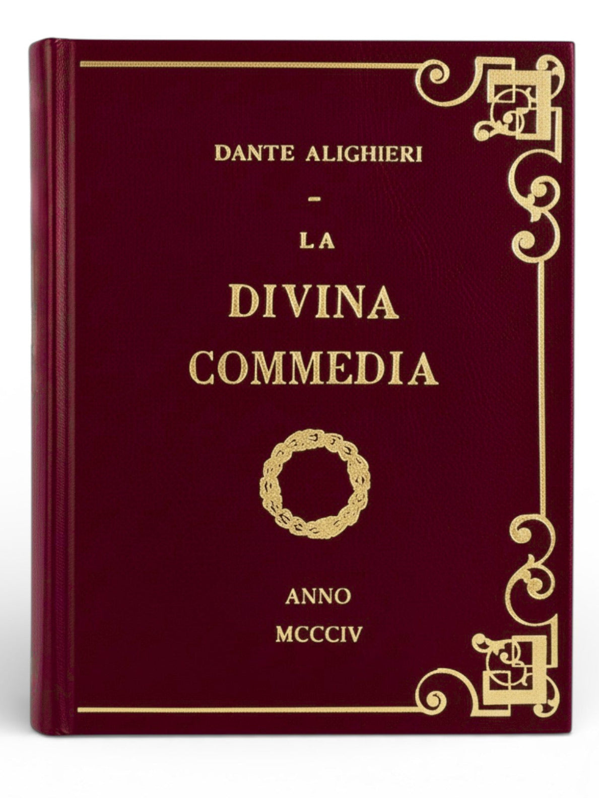 Book - clutch titled 'La Divina Commedia' by Dante Alighieri with decorative gold design on a white background