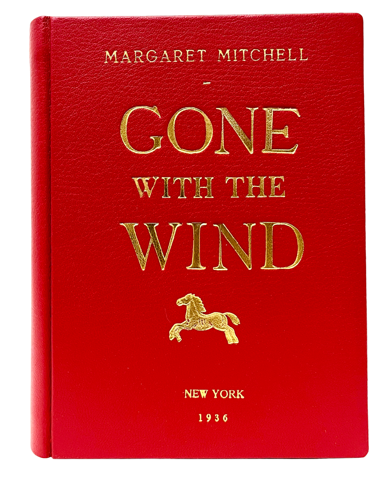 A red leather book clutch with gold leather sides and embossed gold lettering on the cover, resembling the cover of the book 'Gone With The Wind'.