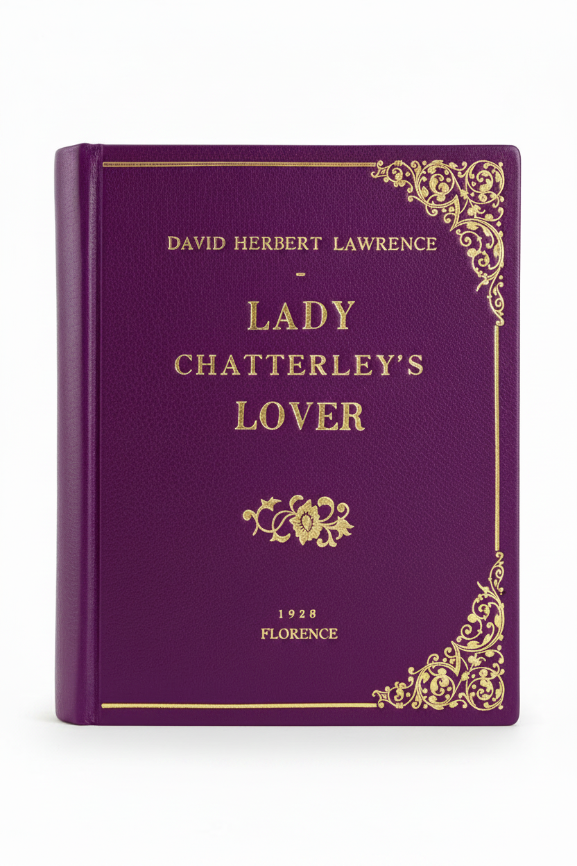 Purple leather book-clutch By M. Design with gold-leaf embossed title 'Lady Chatterley's Lover' by D.H. Lawrence, 1928 Florence edition, front view on white background
