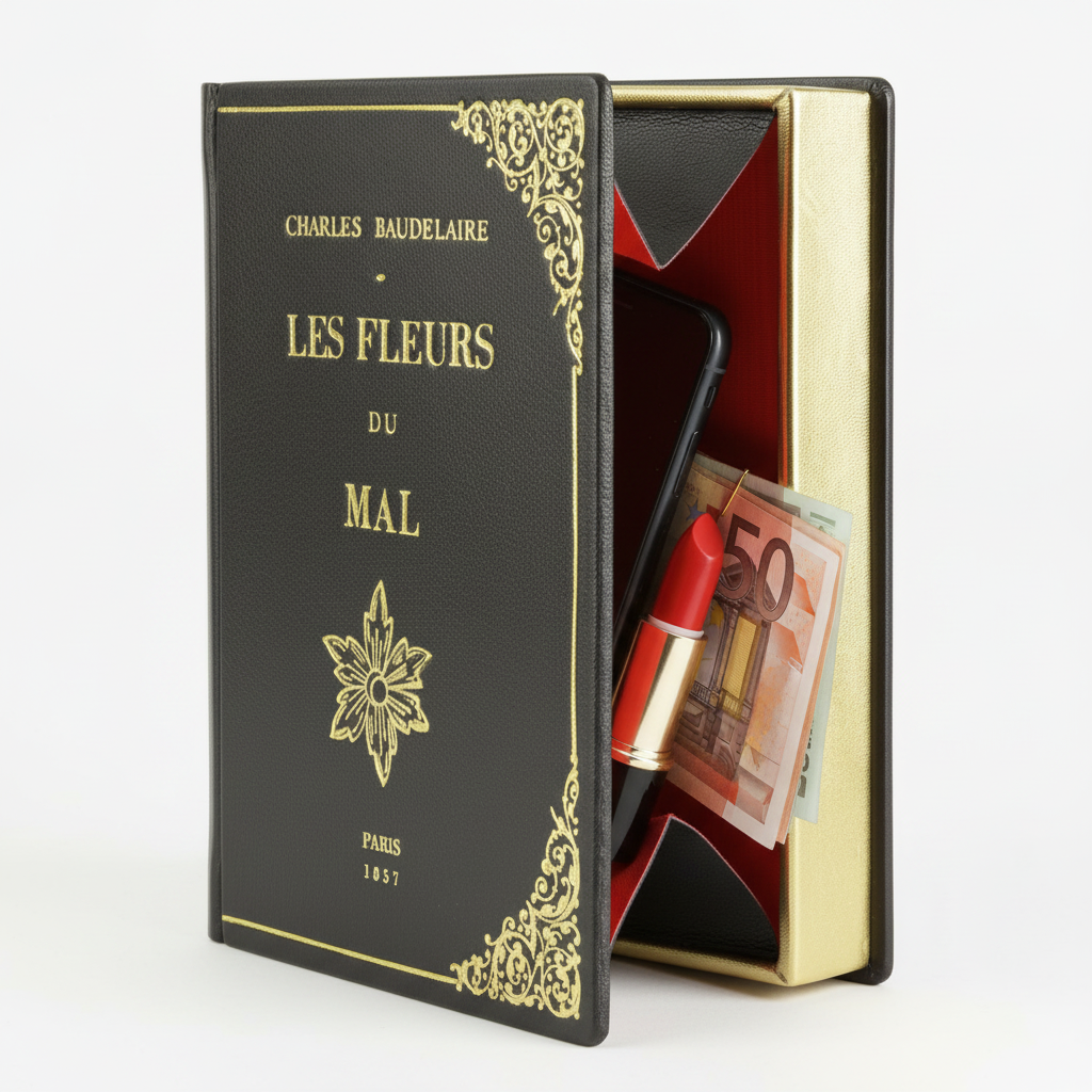 Les Fleurs du Mal leather book-clutch By M. Design open with bellows showing 9cm opening, with lipstick, smartphone and banknotes inside, demonstrating clutch capacity