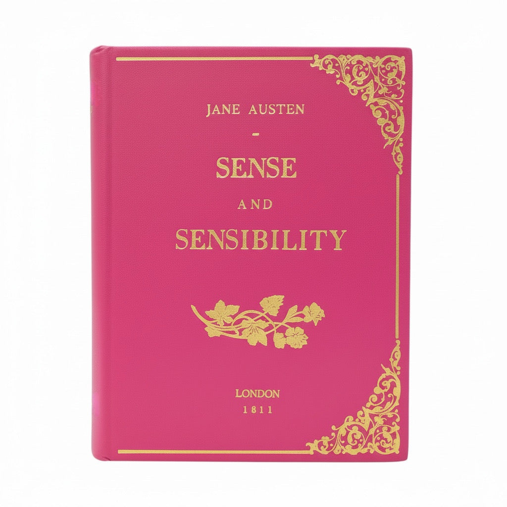 Pink  leather book - clutch 'Sense and Sensibility' by Jane Austen with gold  hand embossing By M. Design
